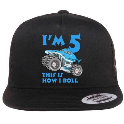 I'm 5 This Is How I Roll Shark Monster Truck 5th Birthday Flat Bill Trucker Hat