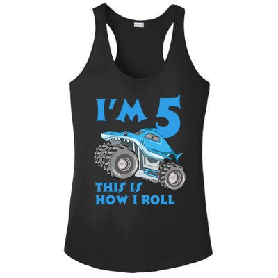 I'm 5 This Is How I Roll Shark Monster Truck 5th Birthday Ladies PosiCharge Competitor Racerback Tank