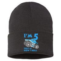 I'm 5 This Is How I Roll Shark Monster Truck 5th Birthday Sustainable Knit Beanie