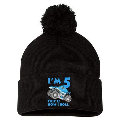 I'm 5 This Is How I Roll Shark Monster Truck 5th Birthday Pom Pom 12in Knit Beanie