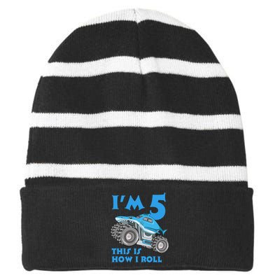 I'm 5 This Is How I Roll Shark Monster Truck 5th Birthday Striped Beanie with Solid Band