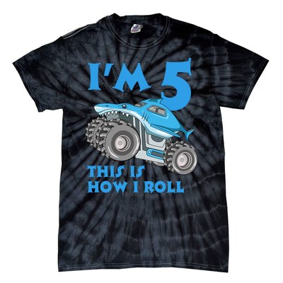 I'm 5 This Is How I Roll Shark Monster Truck 5th Birthday Tie-Dye T-Shirt