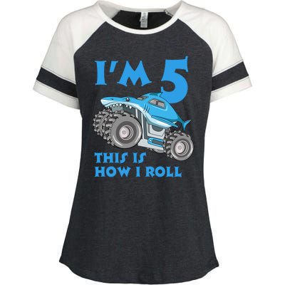 I'm 5 This Is How I Roll Shark Monster Truck 5th Birthday Enza Ladies Jersey Colorblock Tee