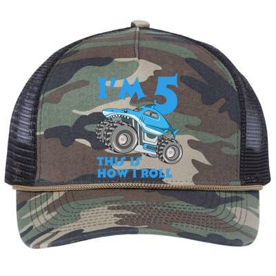 I'm 5 This Is How I Roll Shark Monster Truck 5th Birthday Retro Rope Trucker Hat Cap