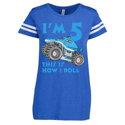 I'm 5 This Is How I Roll Shark Monster Truck 5th Birthday Enza Ladies Jersey Football T-Shirt