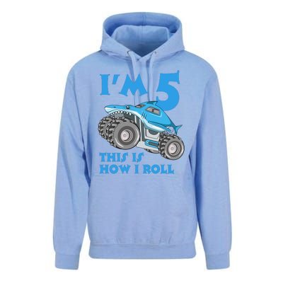 I'm 5 This Is How I Roll Shark Monster Truck 5th Birthday Unisex Surf Hoodie