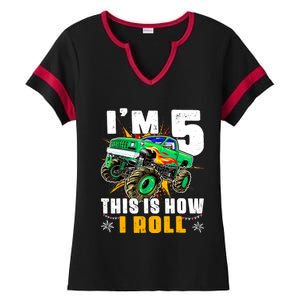 Im 5 This Is How I Roll Monster Truck 5th Birthday Boy Ladies Halftime Notch Neck Tee