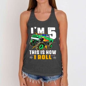 Im 5 This Is How I Roll Monster Truck 5th Birthday Boy Women's Knotted Racerback Tank