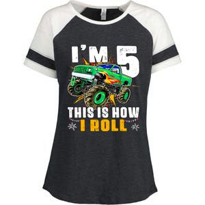 Im 5 This Is How I Roll Monster Truck 5th Birthday Boy Enza Ladies Jersey Colorblock Tee