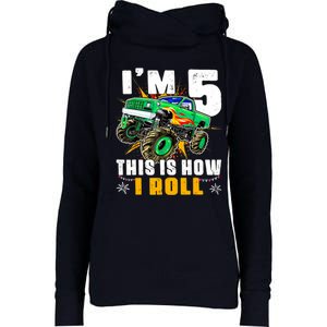 Im 5 This Is How I Roll Monster Truck 5th Birthday Boy Womens Funnel Neck Pullover Hood