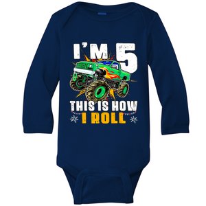 Im 5 This Is How I Roll Monster Truck 5th Birthday Boy Baby Long Sleeve Bodysuit