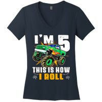 Im 5 This Is How I Roll Monster Truck 5th Birthday Boy Women's V-Neck T-Shirt