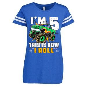 Im 5 This Is How I Roll Monster Truck 5th Birthday Boy Enza Ladies Jersey Football T-Shirt