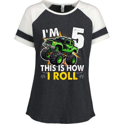 IM 5 This Is How I Roll Monster Truck 5th Birthday Enza Ladies Jersey Colorblock Tee