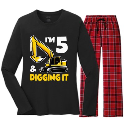 I'm 5 Year Old Gift Excavator Construction 5th Birthday Women's Long Sleeve Flannel Pajama Set 