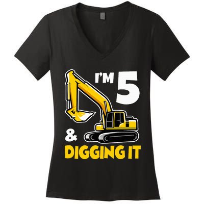 I'm 5 Year Old Gift Excavator Construction 5th Birthday Women's V-Neck T-Shirt