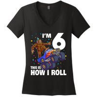 I'm 6 Bigfoot Sasquatch Monster Truck 6th Birthday Boy Women's V-Neck T-Shirt