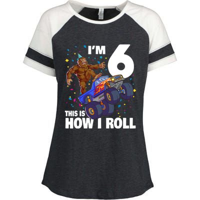 I'm 6 Bigfoot Sasquatch Monster Truck 6th Birthday Boy Enza Ladies Jersey Colorblock Tee