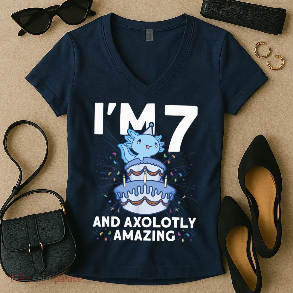 I'm 7 Bday Axolotl Party Cute 7th Birthday Axolotl Women's V-Neck T-Shirt