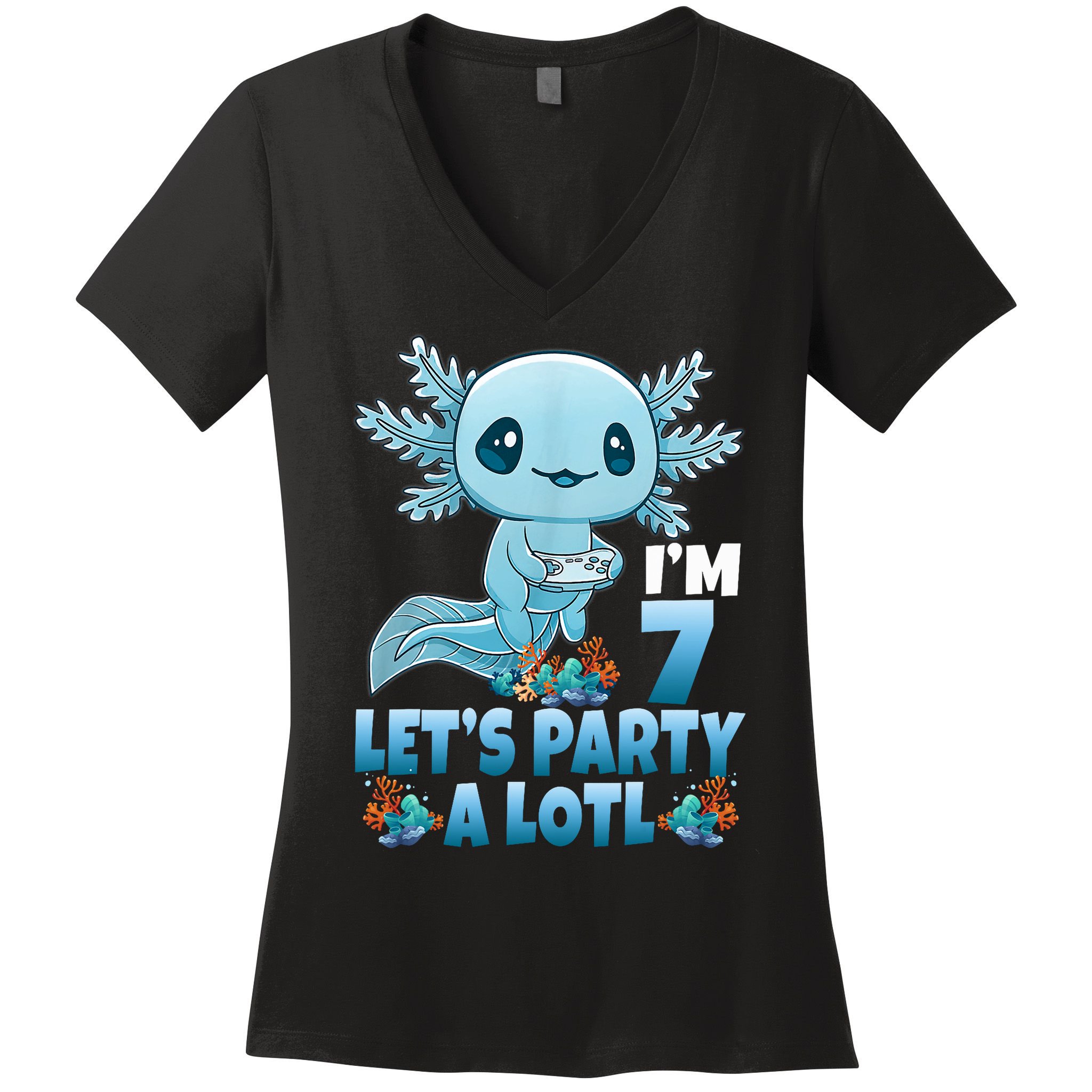 I'm 7 Let's Party A Lotl 7th Birthday 7 Year Old Axolotl Women's V-Neck T-Shirt