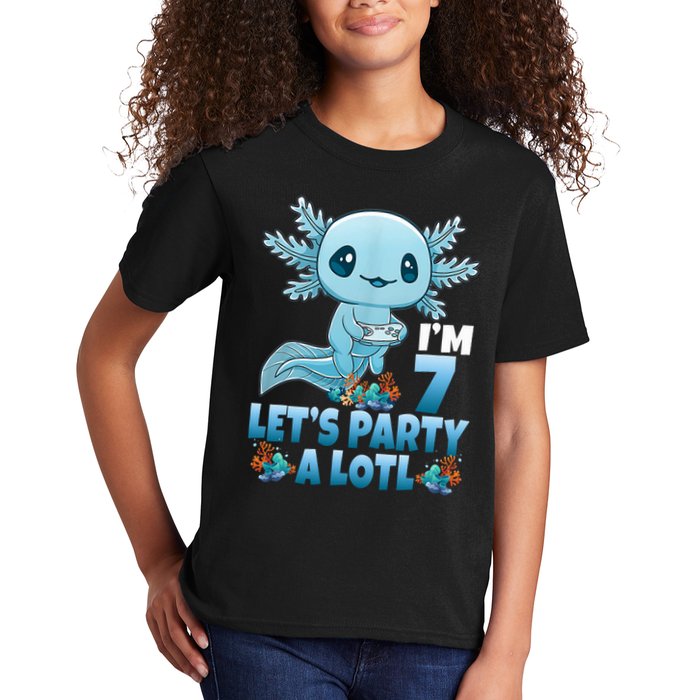 I'm 7 Let's Party A Lotl 7th Birthday 7 Year Old Axolotl Kids T-Shirt