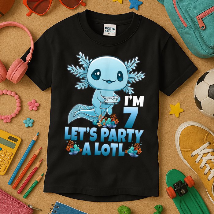 I'm 7 Let's Party A Lotl 7th Birthday 7 Year Old Axolotl Kids T-Shirt