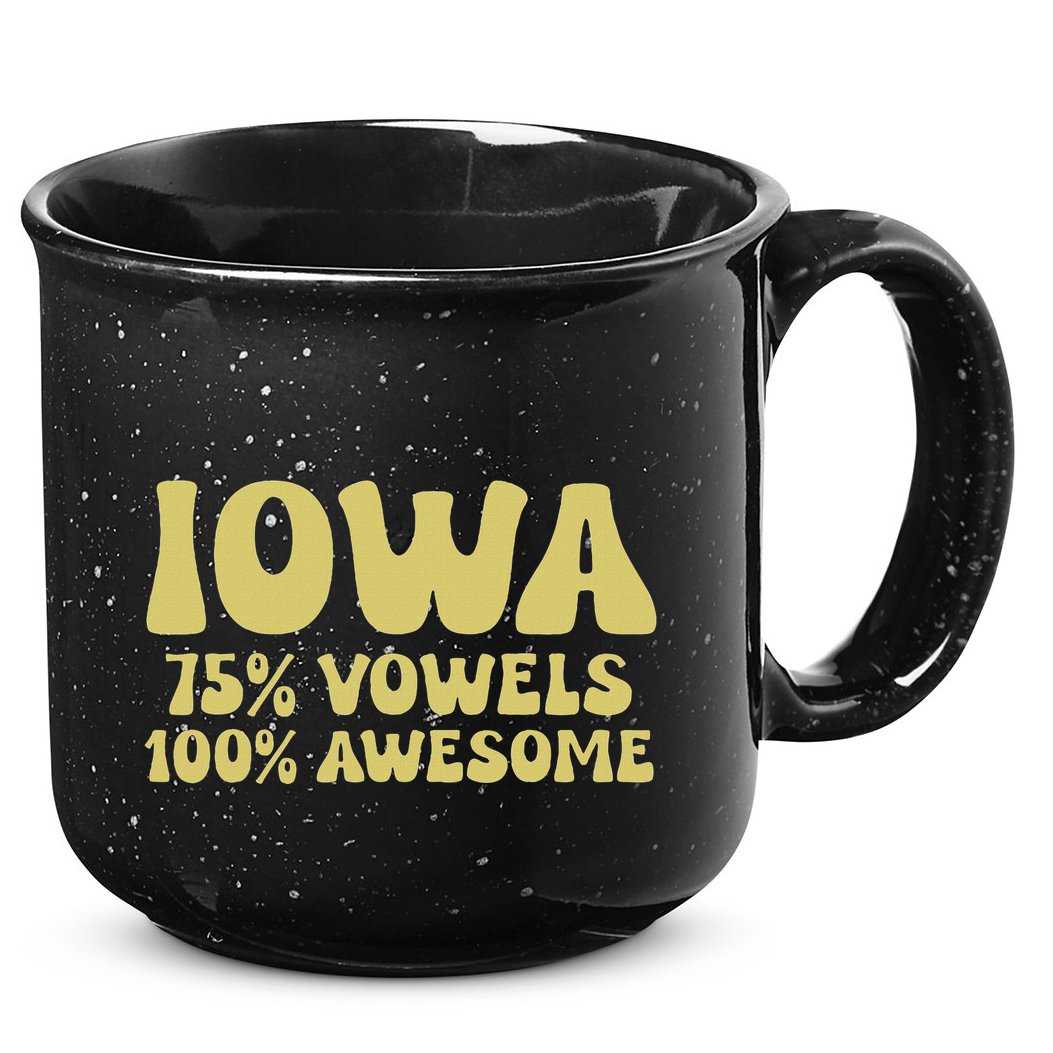 Iowa 75 Vowels 100 Awesome Iowans Women Funny State 15oz Campfire Ceramic Mug