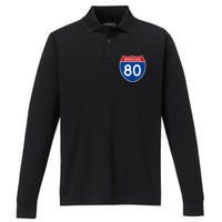 I 80 Interstate Highway Shield Sign = Funny Performance Long Sleeve Polo