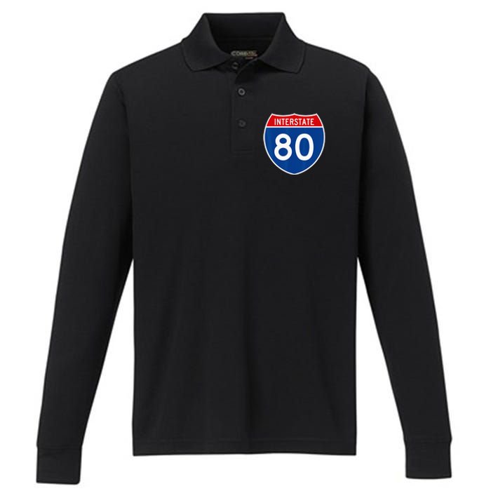 I 80 Interstate Highway Shield Sign = Funny Performance Long Sleeve Polo