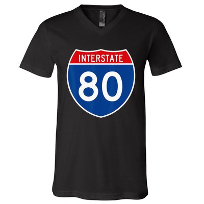 I 80 Interstate Highway Shield Sign = Funny V-Neck T-Shirt