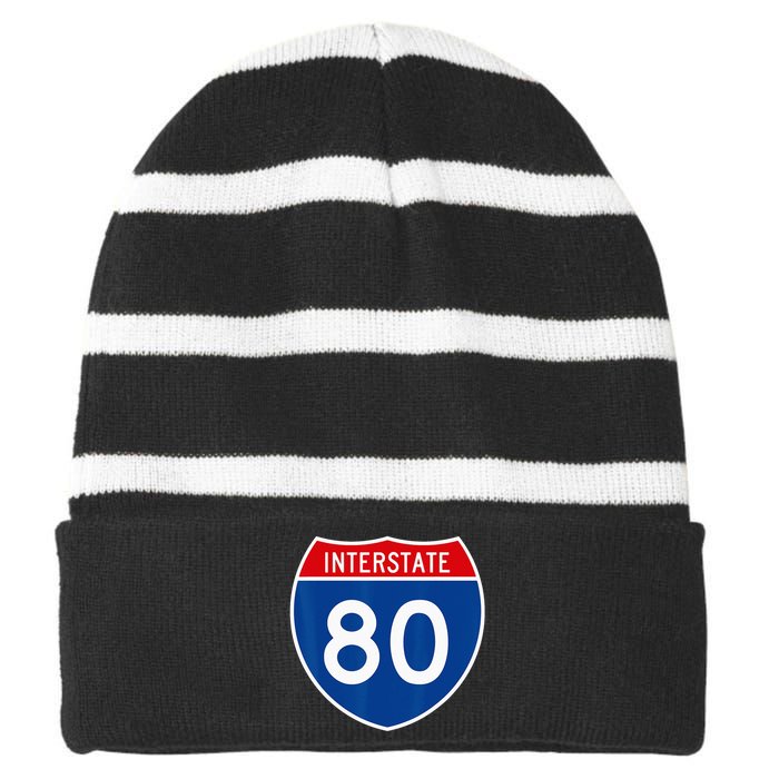 I 80 Interstate Highway Shield Sign = Funny Striped Beanie with Solid Band