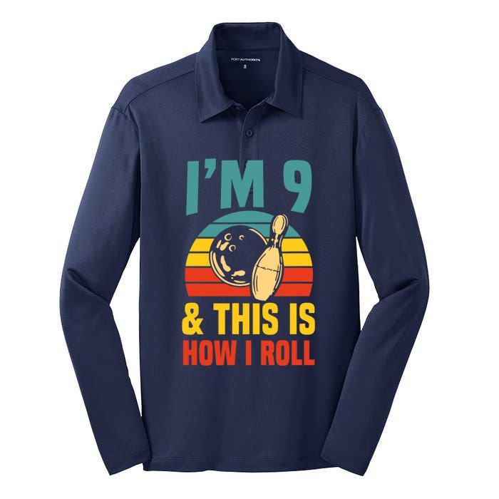 Im 9 And This Is How I Roll Bowling Birthday Party Supply Silk Touch Performance Long Sleeve Polo