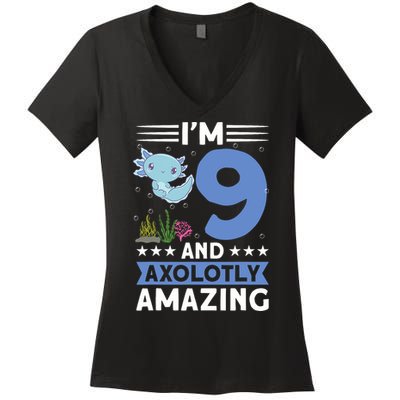 I'm 9 And Axolotly Amazing 9th Birthday Axolotl  Women's V-Neck T-Shirt