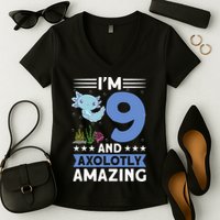 I'm 9 And Axolotly Amazing 9th Birthday Axolotl  Women's V-Neck T-Shirt