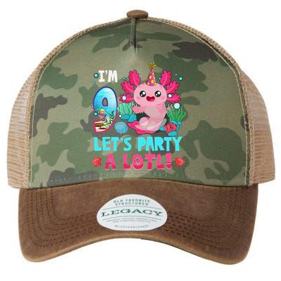 I'm 9 Years Old Let's Party A Lotl Axolotl 9th Birthday   Legacy Tie Dye Trucker Hat
