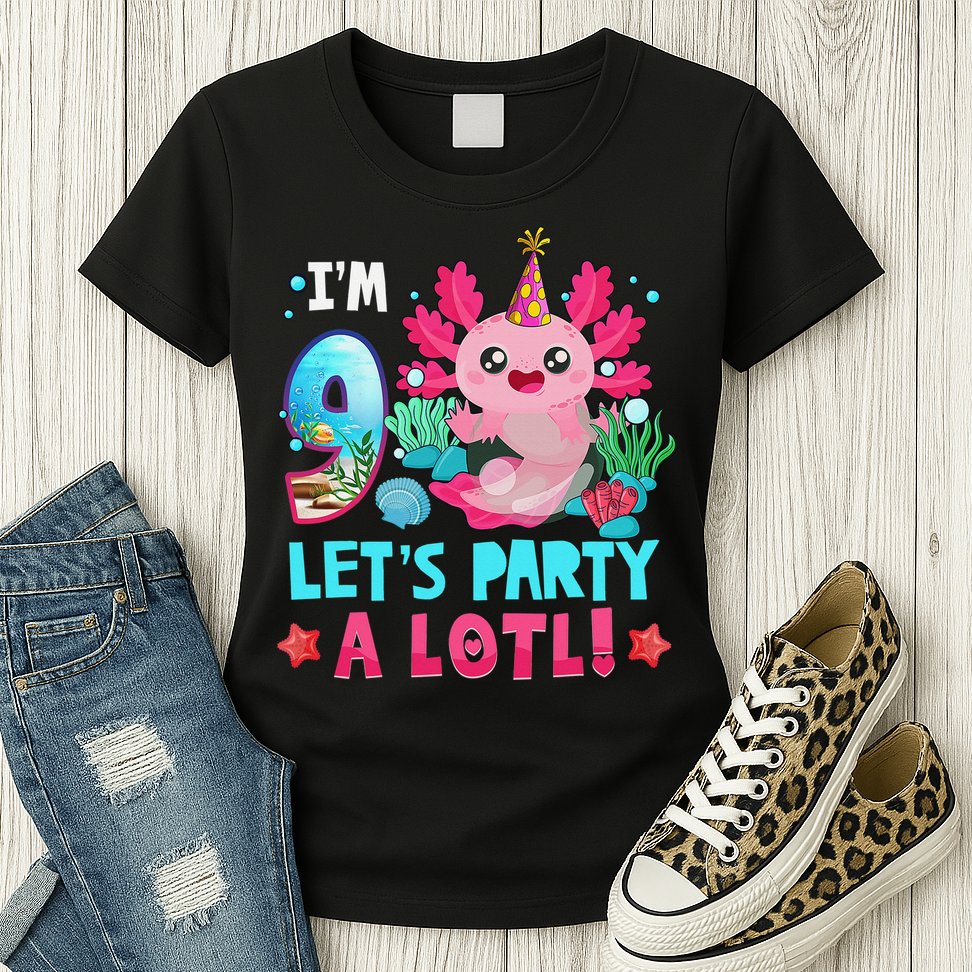 I'm 9 Years Old Let's Party A Lotl Axolotl 9th Birthday   Womens T-Shirt