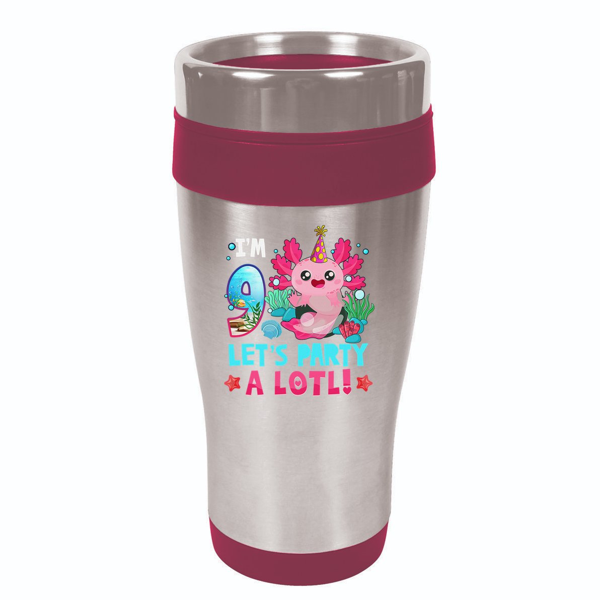 I'm 9 Years Old Let's Party A Lotl Axolotl 9th Birthday   16oz Travel Tumbler