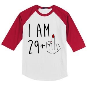 I Am 29 Plus Middle Finger Funny 30th Birthday Kids Colorblock Raglan Jersey