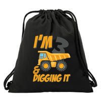 I Am 3 And Digging It Three 3yr 3th Birthday Construction Boy 3 Years Old Drawstring Bag