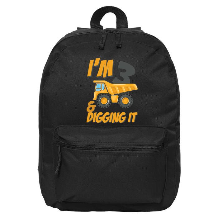 I Am 3 And Digging It Three 3yr 3th Birthday Construction Boy 3 Years Old 16 in Basic Backpack