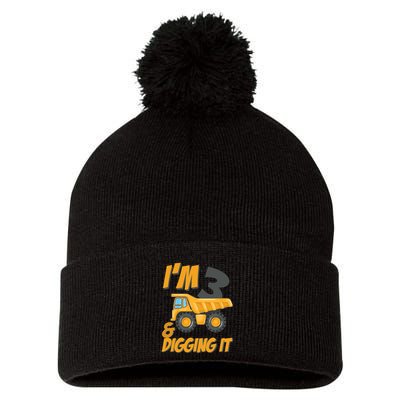 I Am 3 And Digging It Three 3yr 3th Birthday Construction Boy 3 Years Old Pom Pom 12in Knit Beanie