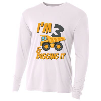 I Am 3 And Digging It Three 3yr 3th Birthday Construction Boy 3 Years Old Cooling Performance Long Sleeve Crew