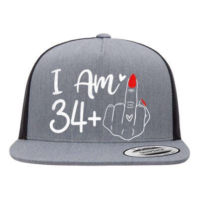 I Am 34 Plus 1 Middle Finger For A 35th Birthday For Women Flat Bill Trucker Hat