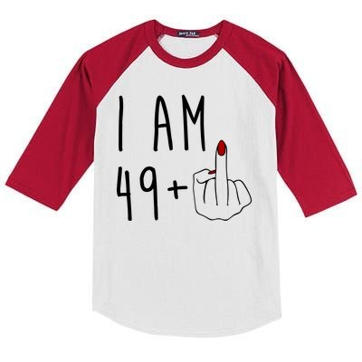 I Am 49 Plus Middle Finger Funny 50th Birthday Kids Colorblock Raglan Jersey