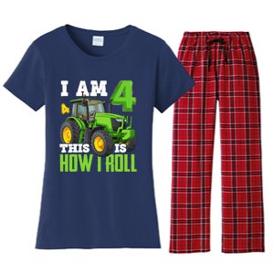 I Am 4 This is How I Roll Four Year Old Tractor 4th Birthday Women's Flannel Pajama Set