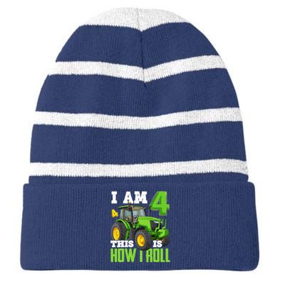 I Am 4 This is How I Roll Four Year Old Tractor 4th Birthday Striped Beanie with Solid Band