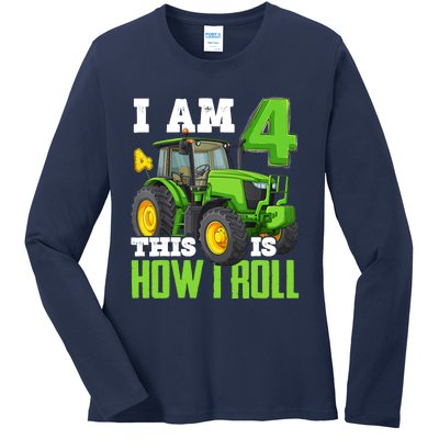 I Am 4 This is How I Roll Four Year Old Tractor 4th Birthday Ladies Long Sleeve Shirt