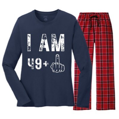 I Am 49 Plus Middle Finger 50th Birthday Women's Long Sleeve Flannel Pajama Set 