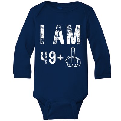 I Am 49 Plus Middle Finger 50th Birthday Baby Long Sleeve Bodysuit