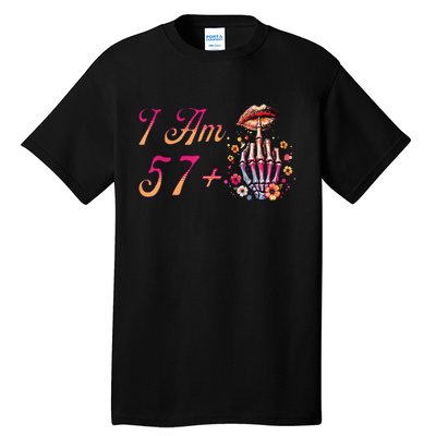 I Am 57 Plus 1 Middle Finger Skull Funny 58th Birthday Tall T-Shirt